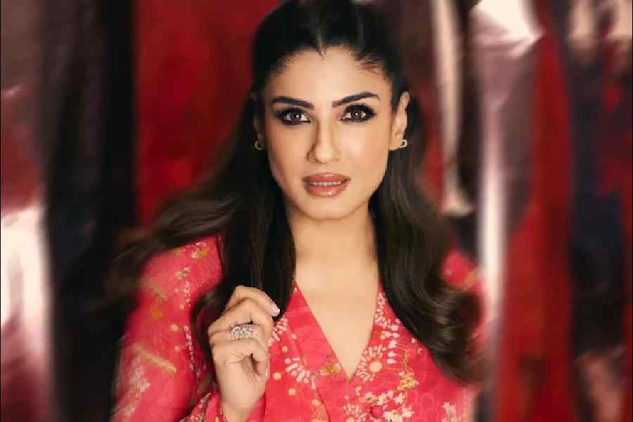 Raveena Tandon looks at the camera in a dress